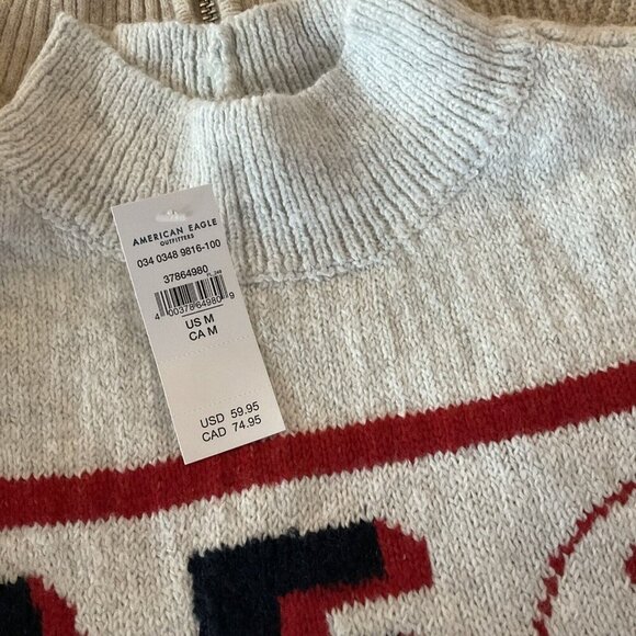 NWT American Eagle Outfitters Gray Smiley Graphic Mock Neck Sweater Medium M - Picture 4 of 10
